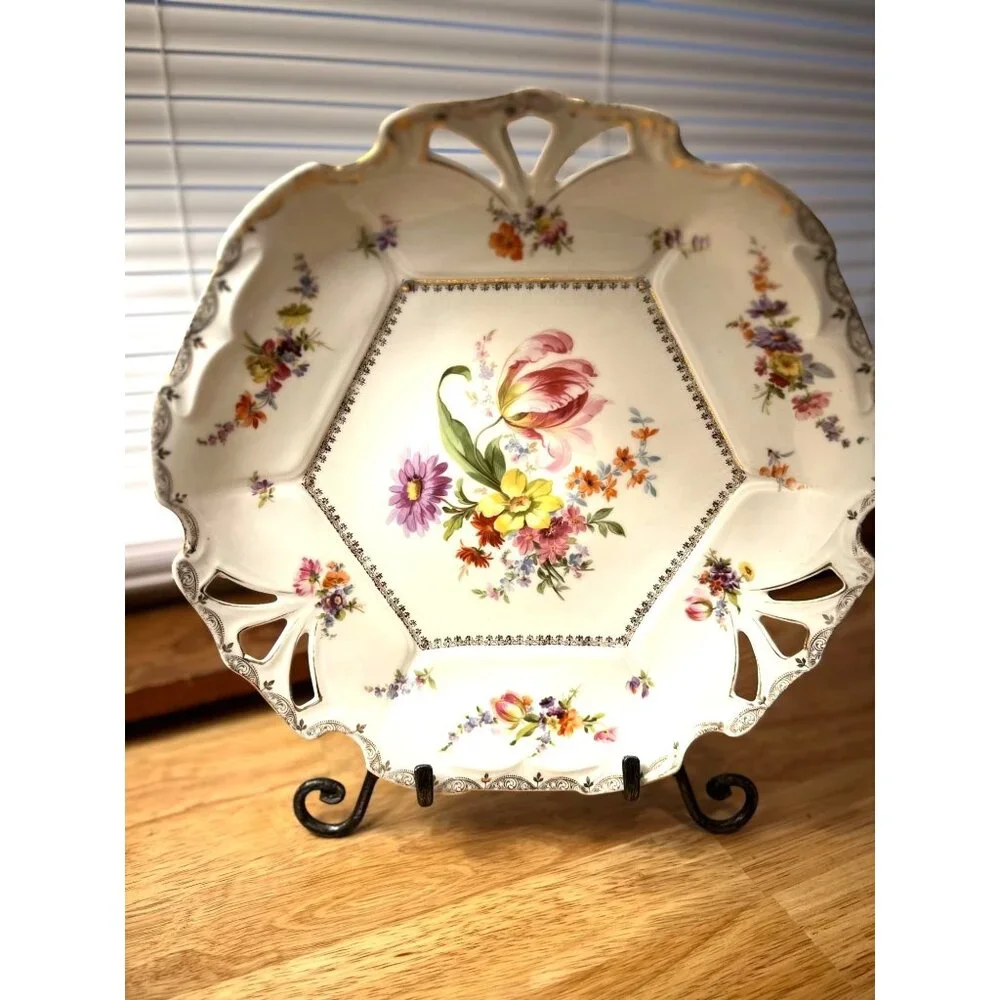 Beyer & Block Antique Dresden Reticulated Porcelain Plate With Floral Design
